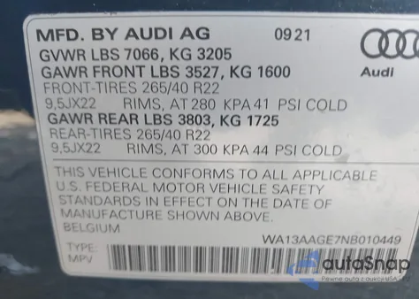 2022 Audi E-Tron Sportback Prestige S Line Quattro from USA, damaged, VIN WA13AAGE7NB010449